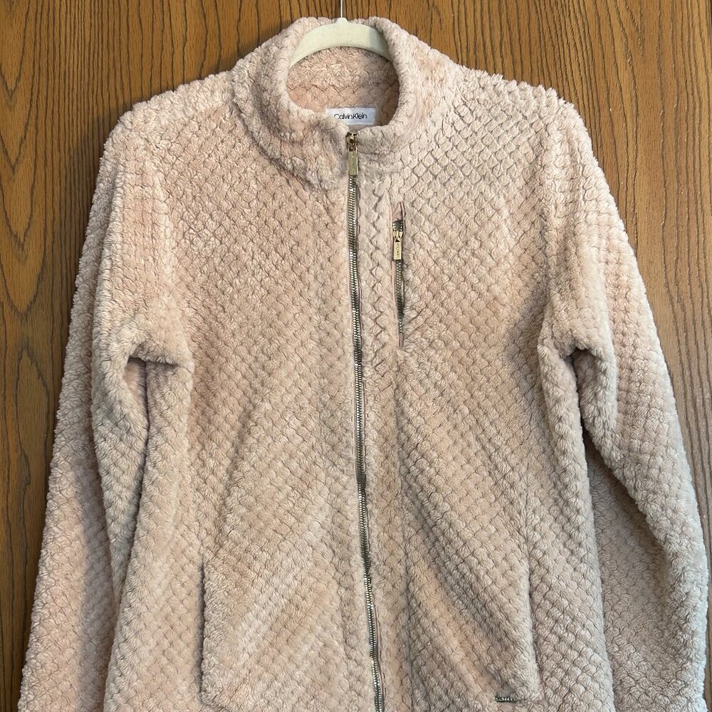 Calvin Klein Pink Teddy Jacket Women’s Large Faux Fur Zip Coat Gold Hardware